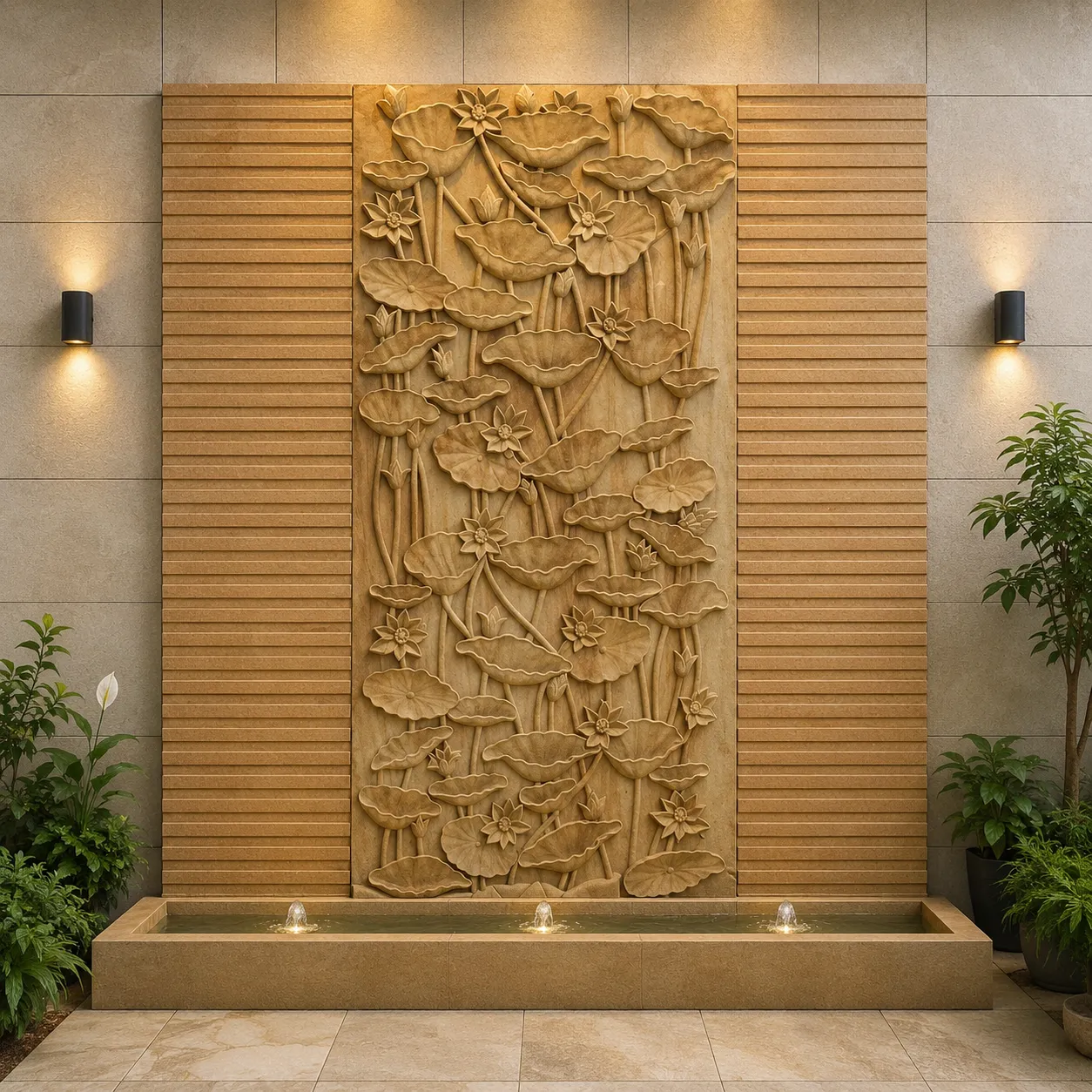 Lotus Garden Vertical Stone Mural